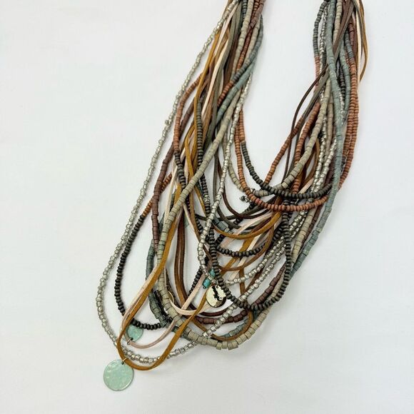 Chico's SERENA Brown Green Wood Bead Leather Multi Strand Boho Charm Necklace - Picture 11 of 16